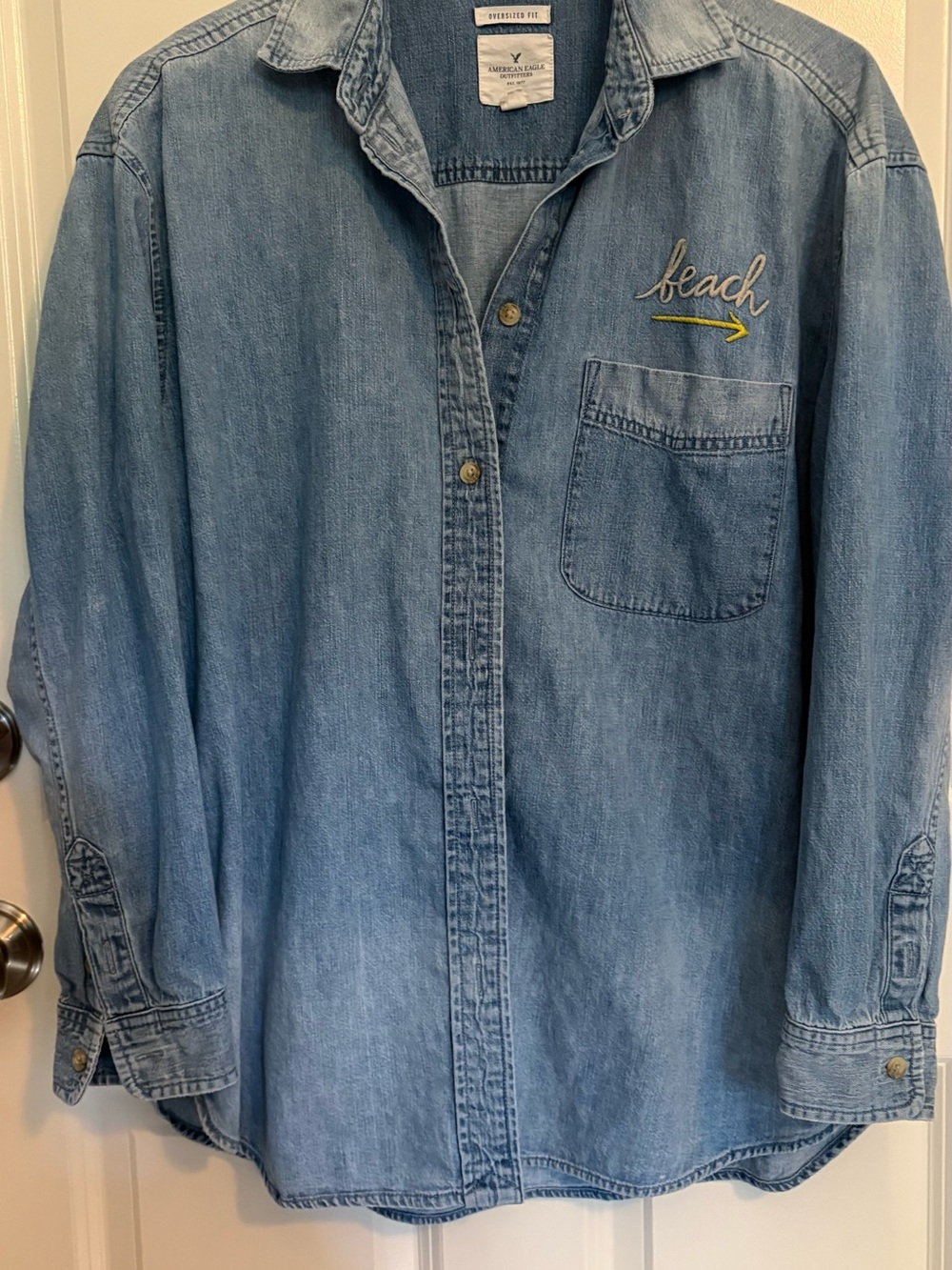 Light Blue Denim Shirt with 'Beach' Embroidery - American Eagle Outfitters